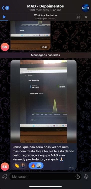 Print de depoimento real: aluna agradece à equipe MAD e ao mentor Keenned pelos primeiros resultados de vendas