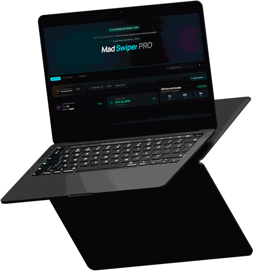 Notebook aberto mostrando o painel MadSwiper Pro, com ofertas priorizadas e filtros de escala